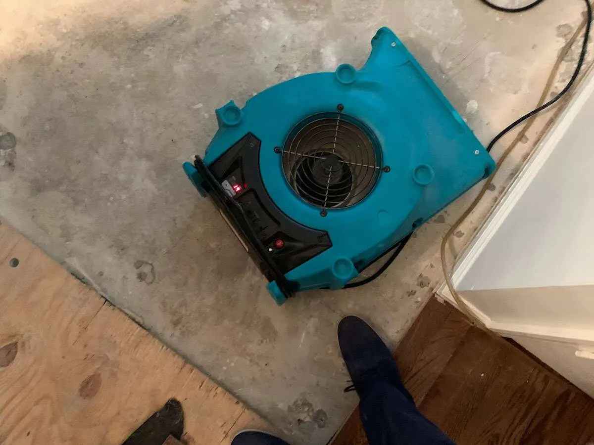 Air mover drying subfloor during Commercial Water Damage Restoration in Stanton